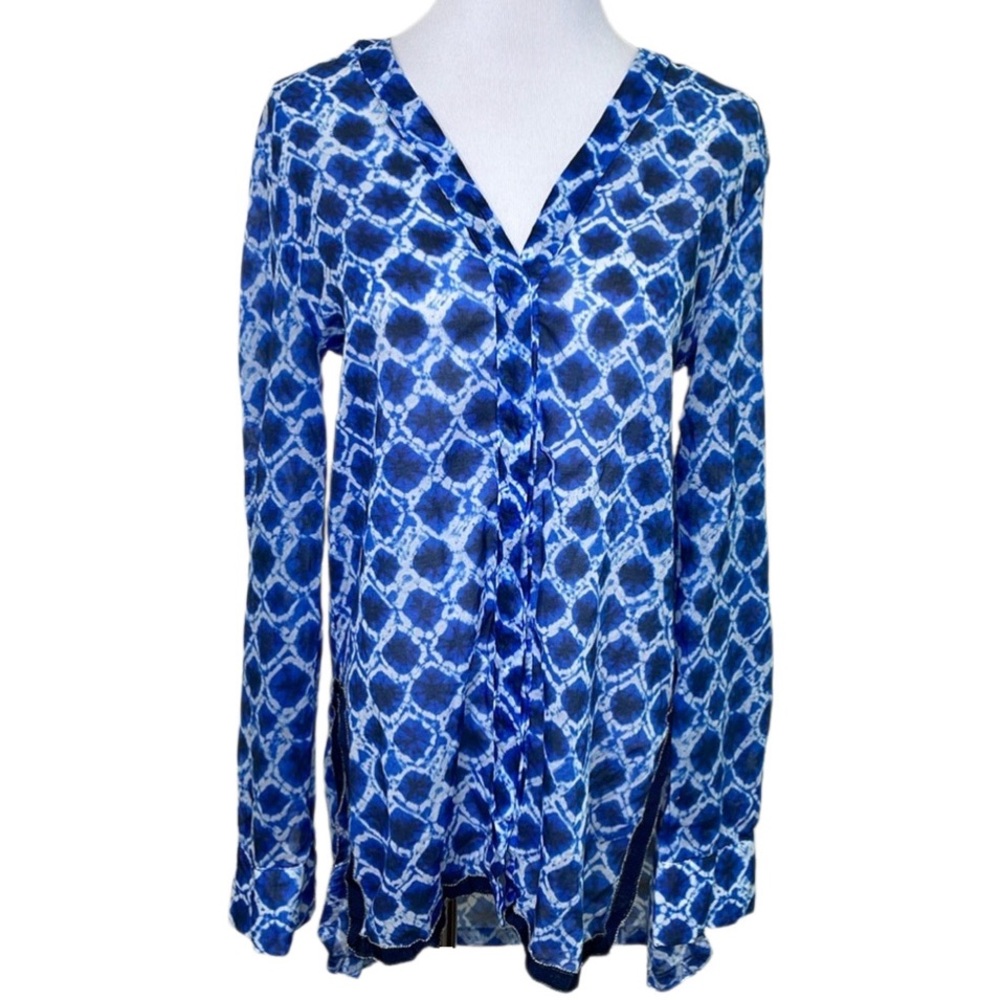 0039 Italy Blue Circle Pattern Tunic Style Long Sleeve Cotton Button Down Shirt